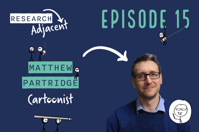 Dark blue background with doodles and a photo of Matthew Partridge and the text Research Adjacent episode 15 Matthew Partridge Cartoonist