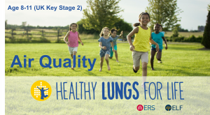 A group of children running and the text 'Healthy Lungs for Life. Air Quality. Age 8-11, UK Key Stage 2'